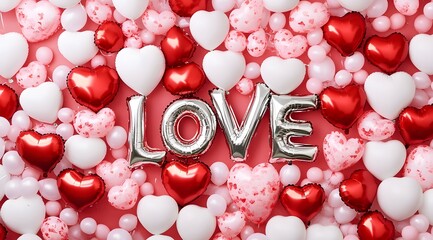 A wall with Valentine's Day balloons and balloon letters that spell "LOVE," front view, photography studio backdrop for a photo shoot	