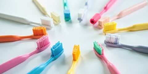 A vibrant collection of colorful toothbrushes arranged in a circular pattern on a pristine white surface, showcasing a spectrum of hues and textures for oral hygiene.