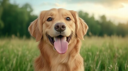 Playful Dog Joyfully Sticking Out Its Tongue While Running Through a Lush Green Field Under a Clear Blue Sky Embracing a Cheerful Outdoor Vibe