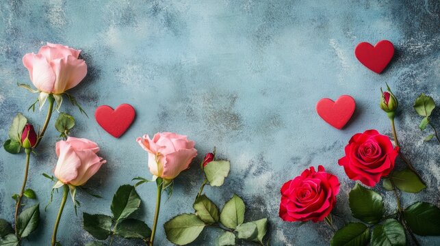 Valentine day or Mother day background decorated with pink red hearts and roses flowers  - Powered by Adobe