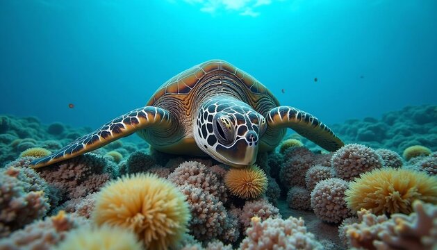 A stunning underwater image of a sea turtle gracefully resting amidst a vibrant coral reef. The turtle's shell is beautifully patterned.