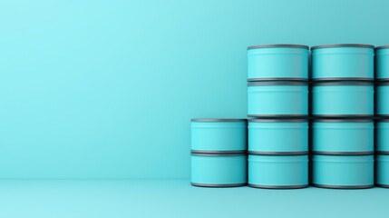A stack of blue cylindrical containers against a matching turquoise wall, creating a minimalist and modern aesthetic.