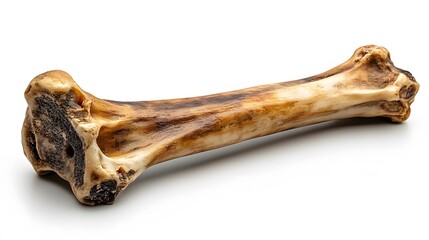 Large raw beef dog bone presents natural texture and detail. Professional product photography captures marrow bone with clean shadows against pure white background in studio setting.