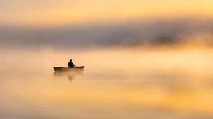 Solitary canoeist on misty lake at sunrise, peaceful scene