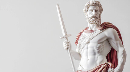 Obraz premium majestic ancient statue of muscular warrior holding sword, symbolizing strength and power