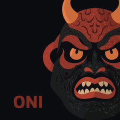 Japanese demon mask Oni. Colorful vector illustration on dark background.