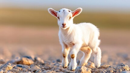 Fototapeta premium Cute white baby goat standing on a rocky ground in a sunny field during golden hour.