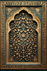 Intricate gold floral patterns on a blue surface.