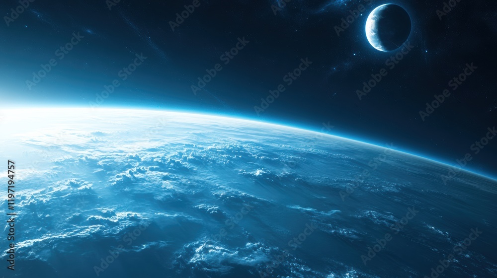 Aufkleber expansive view of earth from space with blue hues and distant celestial body in the background durin