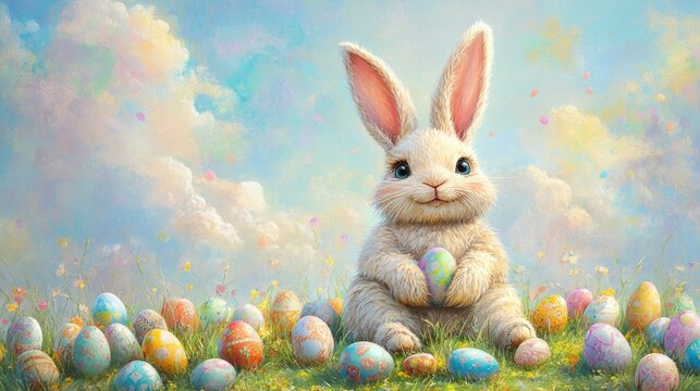 A cheerful Easter bunny with large, floppy ears, sitting on a patch of grass surrounded by a variety of Easter eggs in pastel colors.