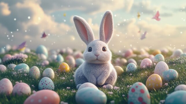 A cheerful Easter bunny with large, floppy ears, sitting on a patch of grass surrounded by a variety of Easter eggs in pastel colors.