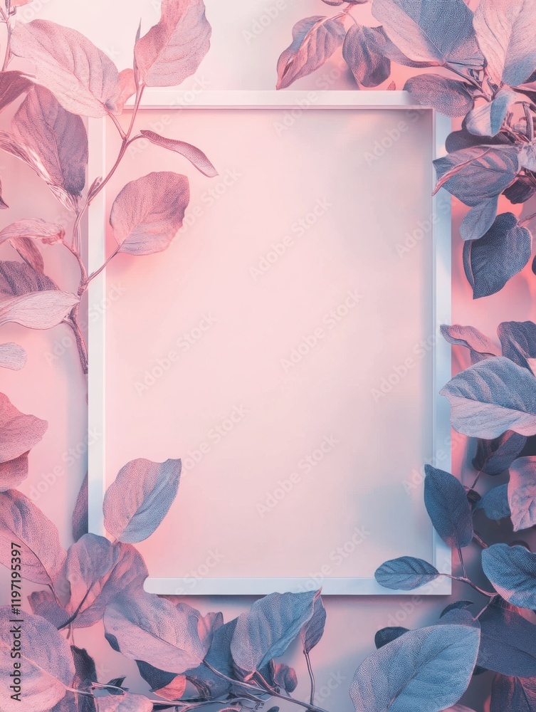 Fototapete empty frame surrounded by pastel leaves creating a stylish mockup space for creative text placement.