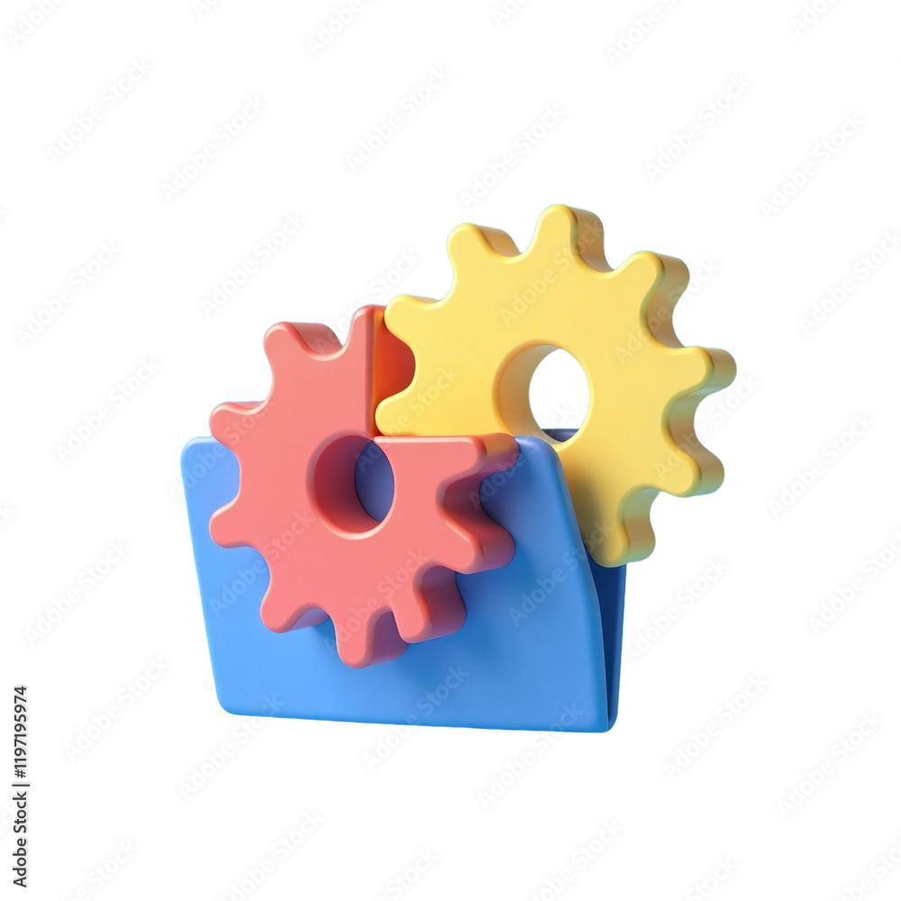Poster two interlocking gears on a blue folder representing system and process