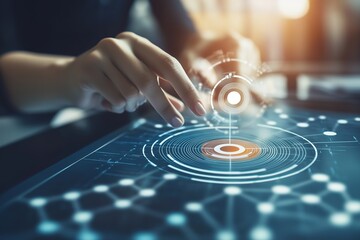 Person interacting with futuristic touchscreen interface, glowing elements.