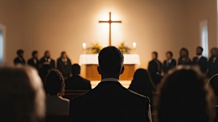 A close-up of a pastor delivering a sermon during Easter Sunday service, with a cross prominently displayed on the altar and churchgoers listening attentively.