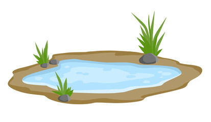 Pond and swamp, lake. Background for illustration. Flat cartoon. Landscape with grass, stones. Platform and ground. Element of nature and forests and water