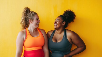 Two women, one African-American and one Caucasian, with curvier body types laughing in colorful workout outfits against a bright yellow wall, celebrating body positivity and friendship.