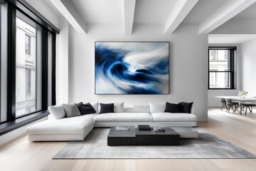 Fototapeta premium A minimalist white living room with a modern sofa, abstract artwork, and a soft gray rug