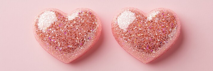 Two pink hearts with nice glittery texture details on empty background
