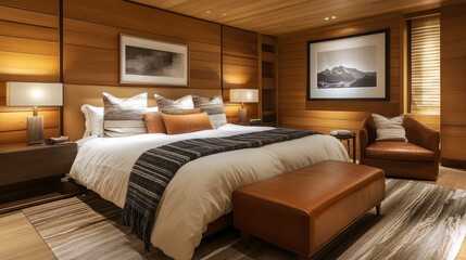Bedroom design with wood paneling and soft warm lighting, showcasing a blend of modern aesthetics and natural materials.