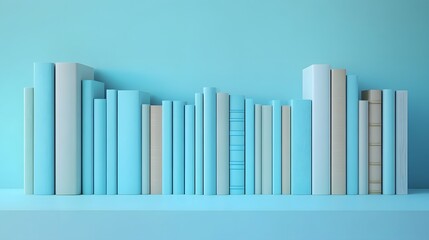 Obraz premium Minimalist arrangement of neutral-colored books stands against soft light blue background. Simple composition features books on white surface with modern design aesthetic and soft shadows.