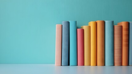 Minimalist arrangement of neutral-colored books stands against soft light blue background. Simple composition features books on white surface with modern design aesthetic and soft shadows.