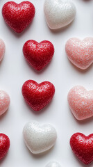 Obraz premium Abstract white, red, pink hearts, on a light background. Vertical image. Valentine's Day