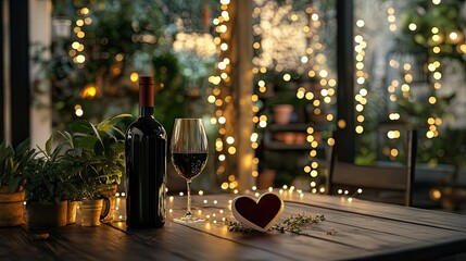 A cozy home Valentine's dinner setup with fairy lights, a bottle of wine, and a heart-shaped centerpiece.