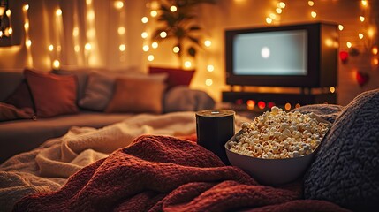 A cozy movie night setup with a projector, string lights, blankets, popcorn, and Valentine's Day-themed decor.