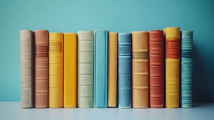Naklejka premium Minimalist arrangement of neutral-colored books stands against soft light blue background. Simple composition features books on white surface with modern design aesthetic and soft shadows.