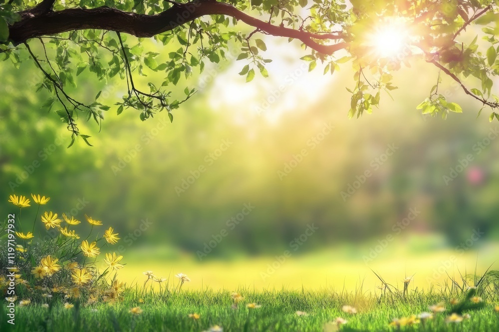 Aufkleber bright sun filtering through tree branches in a vibrant green meadow with wildflowers. generative ai