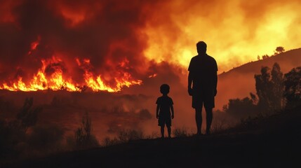 Fototapeta premium Father and child silhouetted against a massive wildfire in a hilly landscape, symbolizing environmental devastation and human resilience.