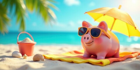 Relaxing Piggy Bank on Sandy Beach Under Parasol, Enjoying Summer Vacation Savings