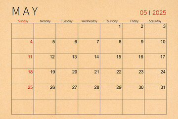 May craft brown paper calendar page for 2025 year.