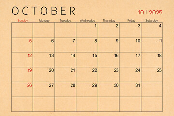 October craft brown paper calendar page for 2025 year.