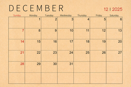 December craft brown paper calendar page for 2025 year.