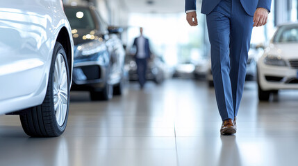 businessman in blue suit walks through modern car dealership, showcasing luxury vehicles
