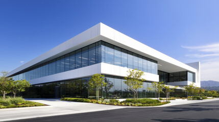 Sleek modern office building with large glass windows and greenery