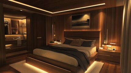 Fototapeta premium Cozy modern bedroom interior with warm lighting and elegant wood paneling, emphasizing comfort and contemporary style