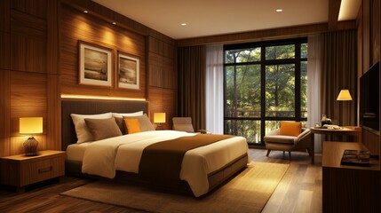 Fototapeta premium Cozy modern bedroom interior with warm lighting and elegant wood paneling, emphasizing comfort and contemporary style