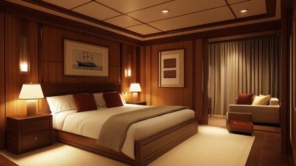 Cozy modern bedroom interior with warm lighting and elegant wood paneling, emphasizing comfort and contemporary style