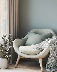 Stylized Scandinavian reading corner with a comfy chair, throw blanket, and soft pastel tones for a...