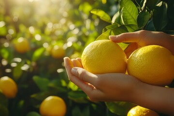harvesting of lemons, closeup of hands with fresh lemons