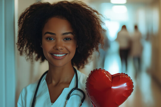 A pretty African American doctor stands in a hospital corridor, holding a heart-shaped balloon symbolizing recovery and hope for patients. Concept for Valentine's Day.