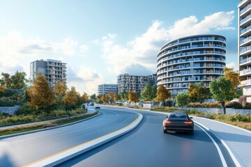 Modern buildings line a curved road with cars.