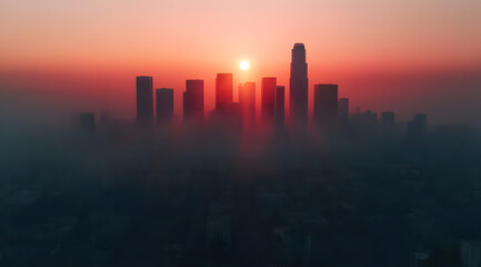 Fototapeta premium A stunning sunset casts a warm glow over a city skyline, enveloped in mist, creating a serene and atmospheric landscape.