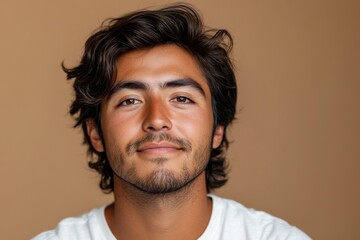 Obraz premium minimalistic portrait of 30 years old Mexican man in white T-shirt on beige background