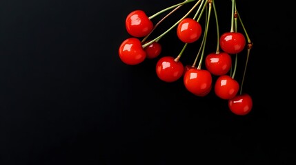 Cluster of Shiny Red Cherries with Green Stems Attached on Solid Black Background