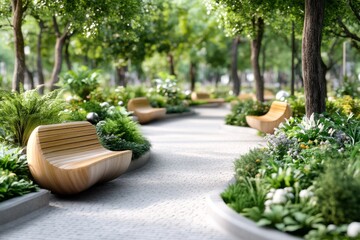 Fototapeta premium A realistic outdoor scene of a park, with lifelike trees, benches, and a water fountain, rendered with natural V-Ray lighting