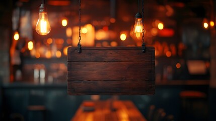 Rustic wooden signboard hangs empty against blurred bar interior. Warm glowing pendant lights create vintage atmosphere with bokeh effect and moody cinematic ambiance.
